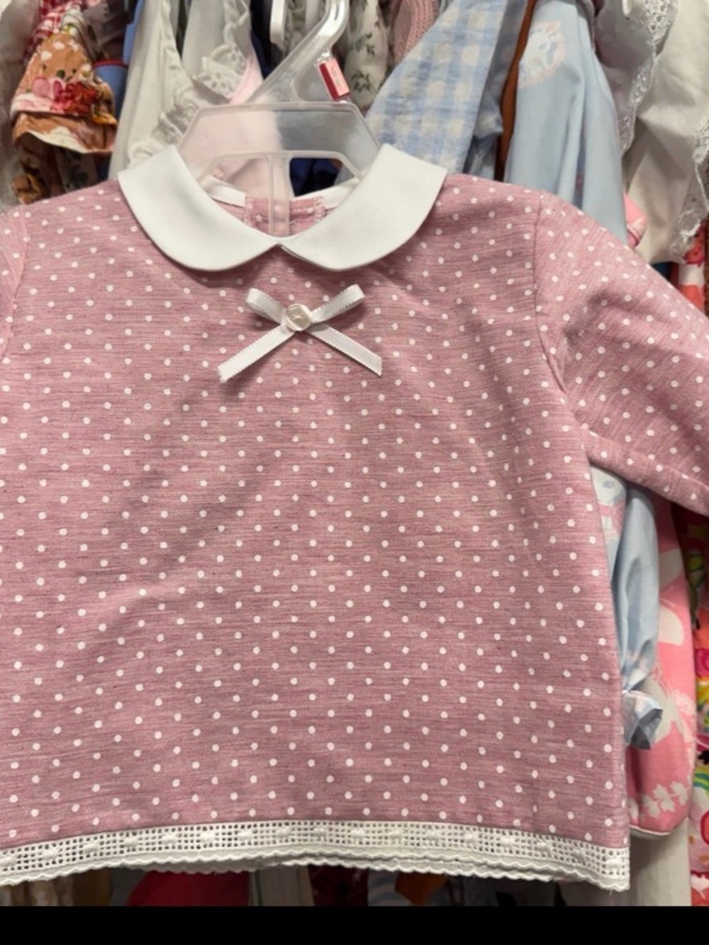 Girls' Pink Polka Dot Peter Pan Collar Set with Bow Accent